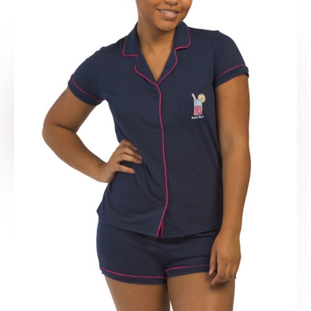 Life is Good Navy Notch Collar 2 pc Short Sleeve Shorts PJ Gift Set